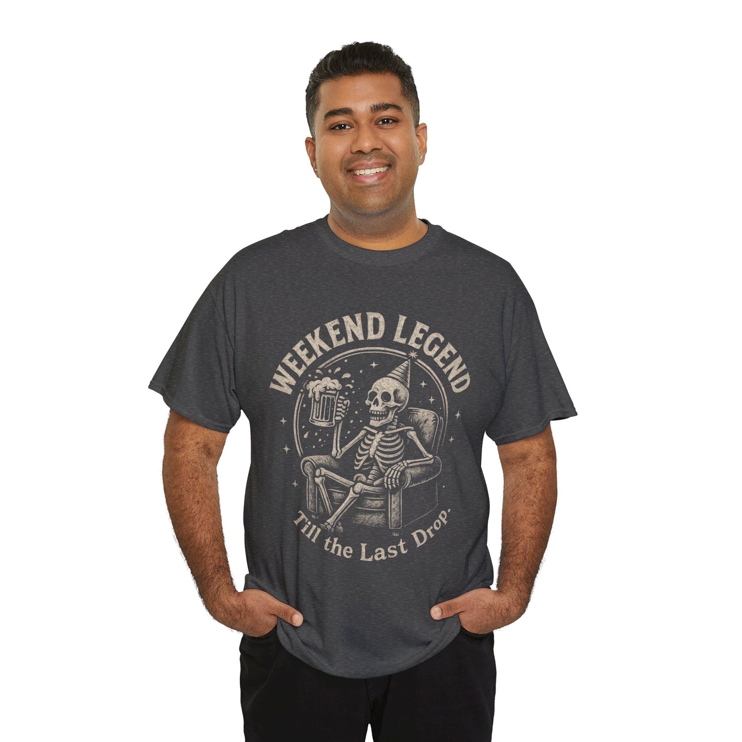 Weekend Legend Mens T-Shirt, Funny Skeleton Beer Tee, Till the Last Drop Party Shirt, Vintage Style Graphic Tee for Him, Halloween Apparel
