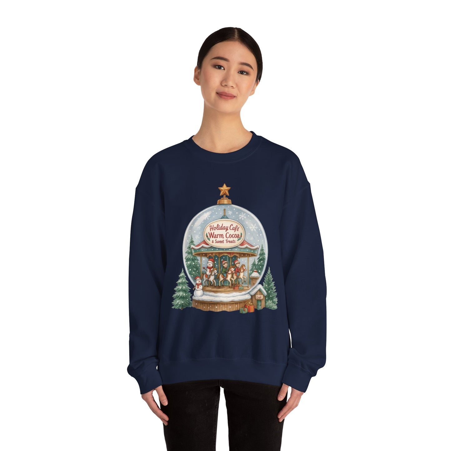 Holiday Café Christmas Sweatshirt, Warm Cocoa Snow Globe Pullover