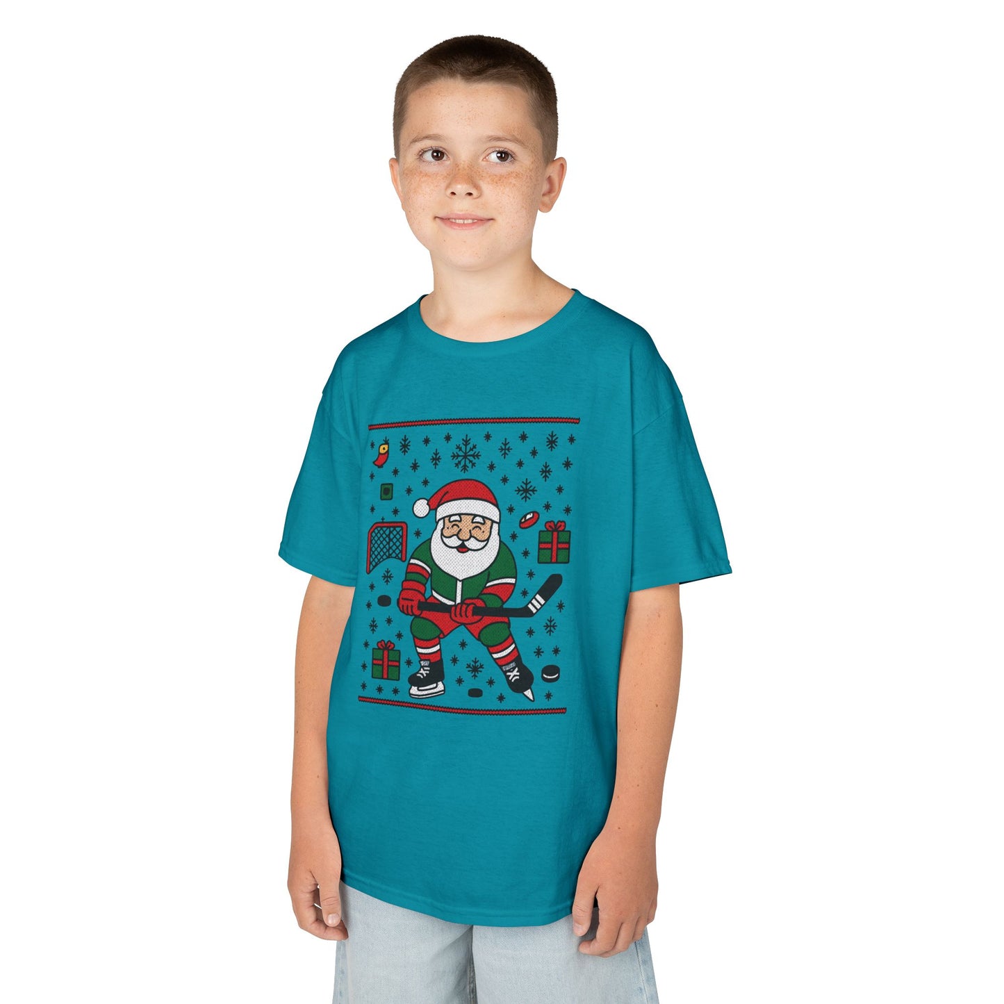 Hockey Santa Youth Christmas T-Shirt, Funny Holiday Sports Tee for Boys