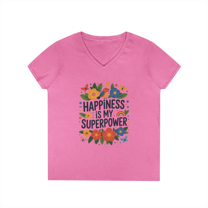Happiness is My Superpower V-Neck T-Shirt, Floral Motivational Tee, Gift for Her, Positive Quote Shirt, Joyful Statement Tee