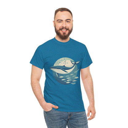 Whale and Fish Unisex Heavy Cotton Tee, Ocean Lover Shirt, Nature Tee, Sea Creature Gift, Casual Summer Top, Ocean Whale Graphic Tee