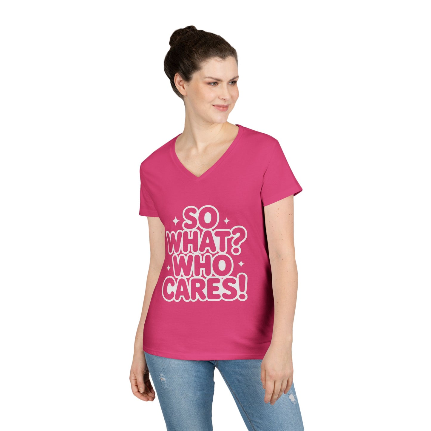Ladies' V-Neck T-Shirt with 'So What? Who Cares!' Print, Casual Wear for Confident Souls, Funny Typography Shirt, Womens Sassy Graphic Tee