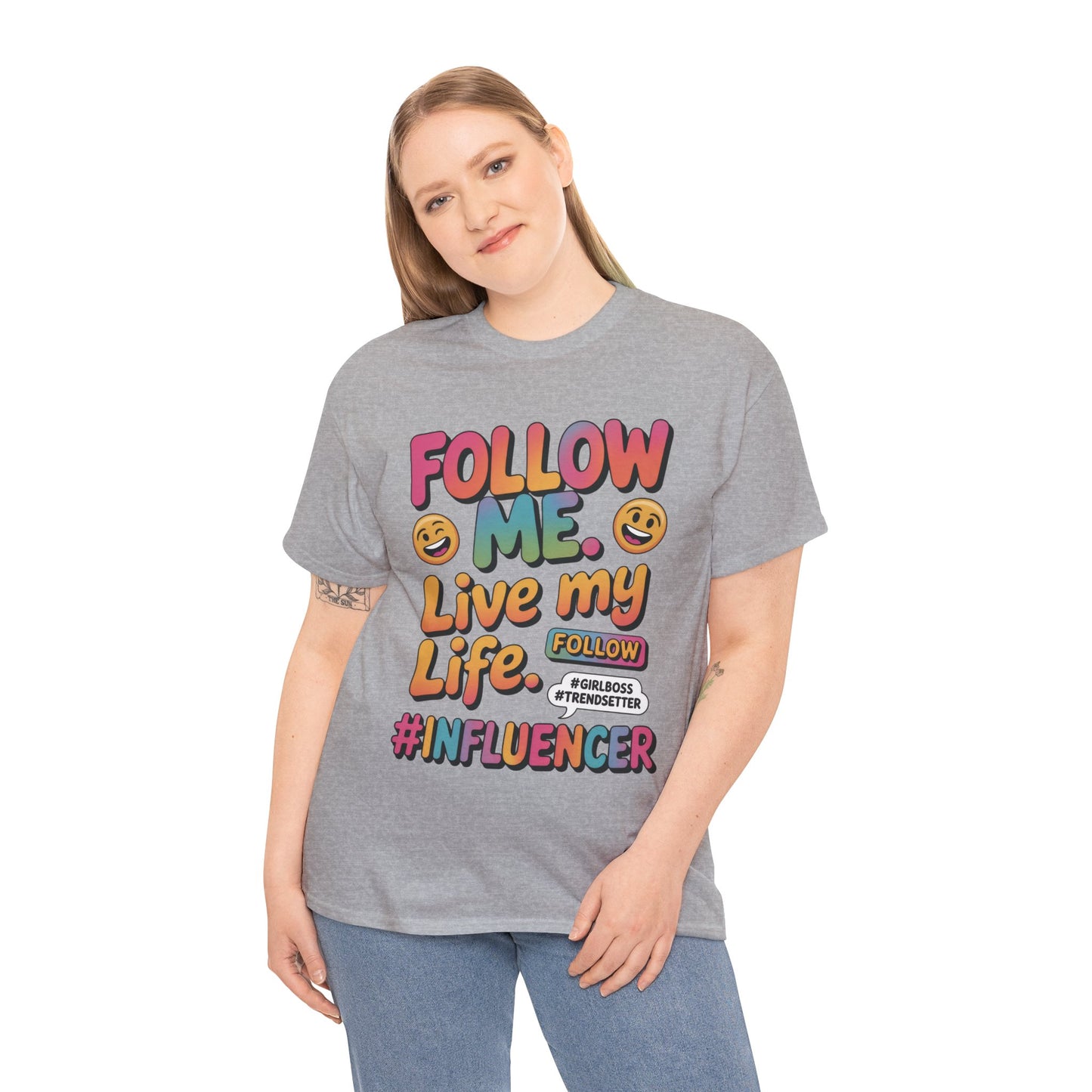 Womens Heavy Cotton Tee, Influencer Graphic Tee, Follow Me Live My Life Shirt, Colorful Trendy GirlBoss T-Shirt, Trendsetter Summer Wear
