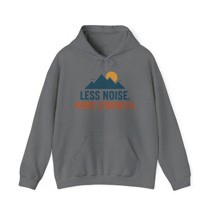 Men’s Less Noise More Strength Hoodie, Motivational Mountain Graphic Pullover, Mens Heavy Blend™ Hooded Sweatshirt