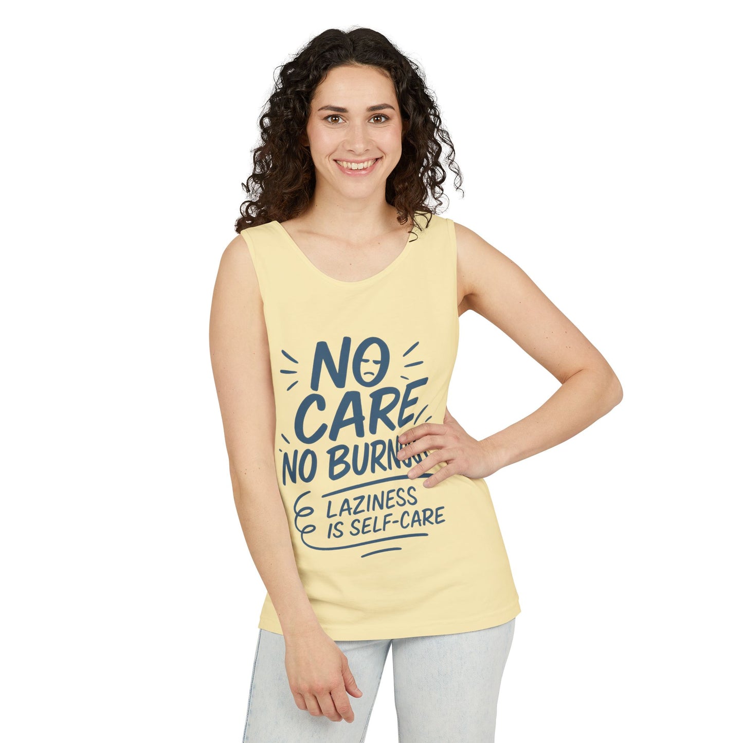No Care No Burnout Womens Tank Top, Funny Self-Care Quote, Lazy Life Gym Workout Shirt, Casual Sleeveless Top, Relaxed Summer Apparel