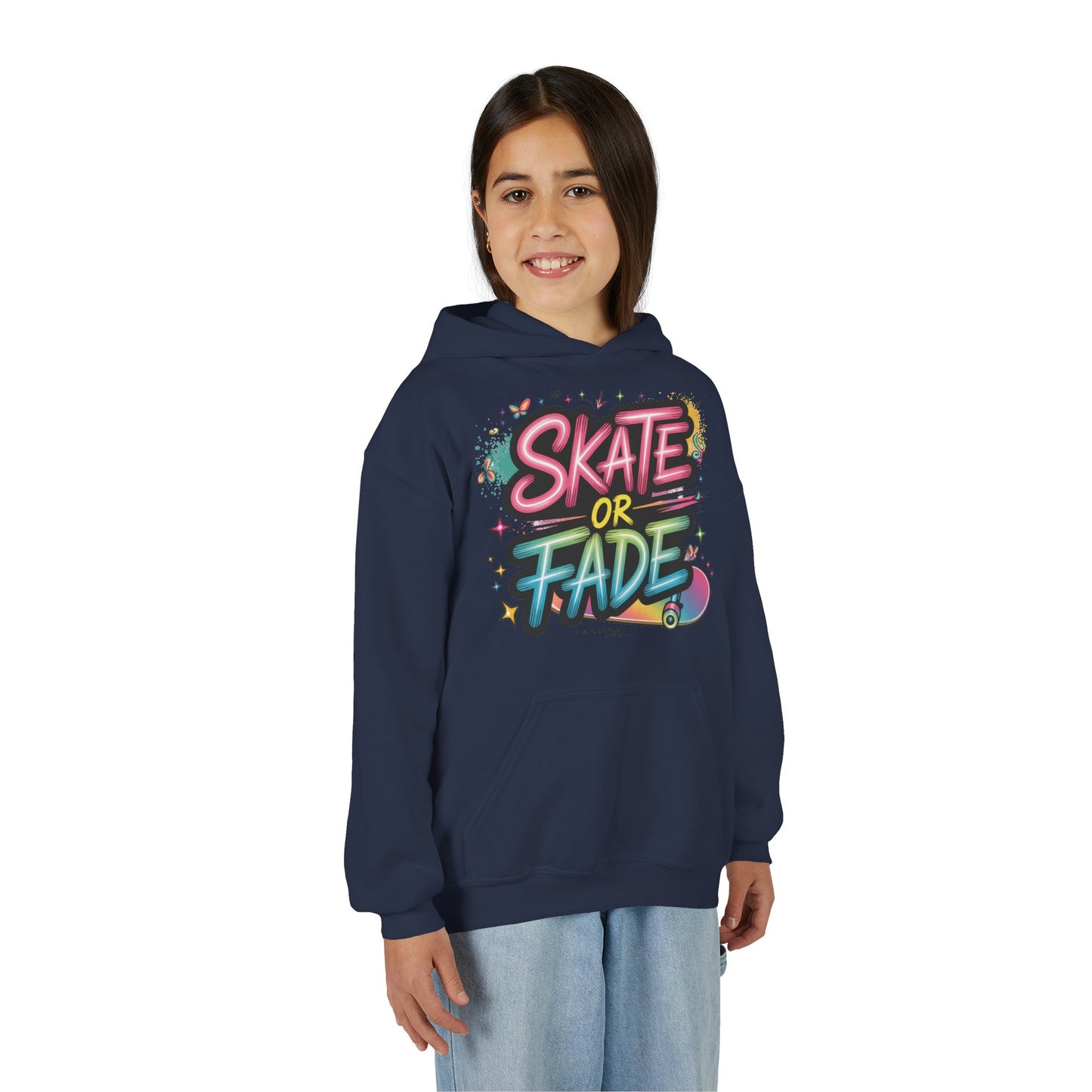 Youth Heavy Blend Hooded Sweatshirt, Skate Or Fade Girls Shirt, Colorful Graffiti Skateboarding Hoodie