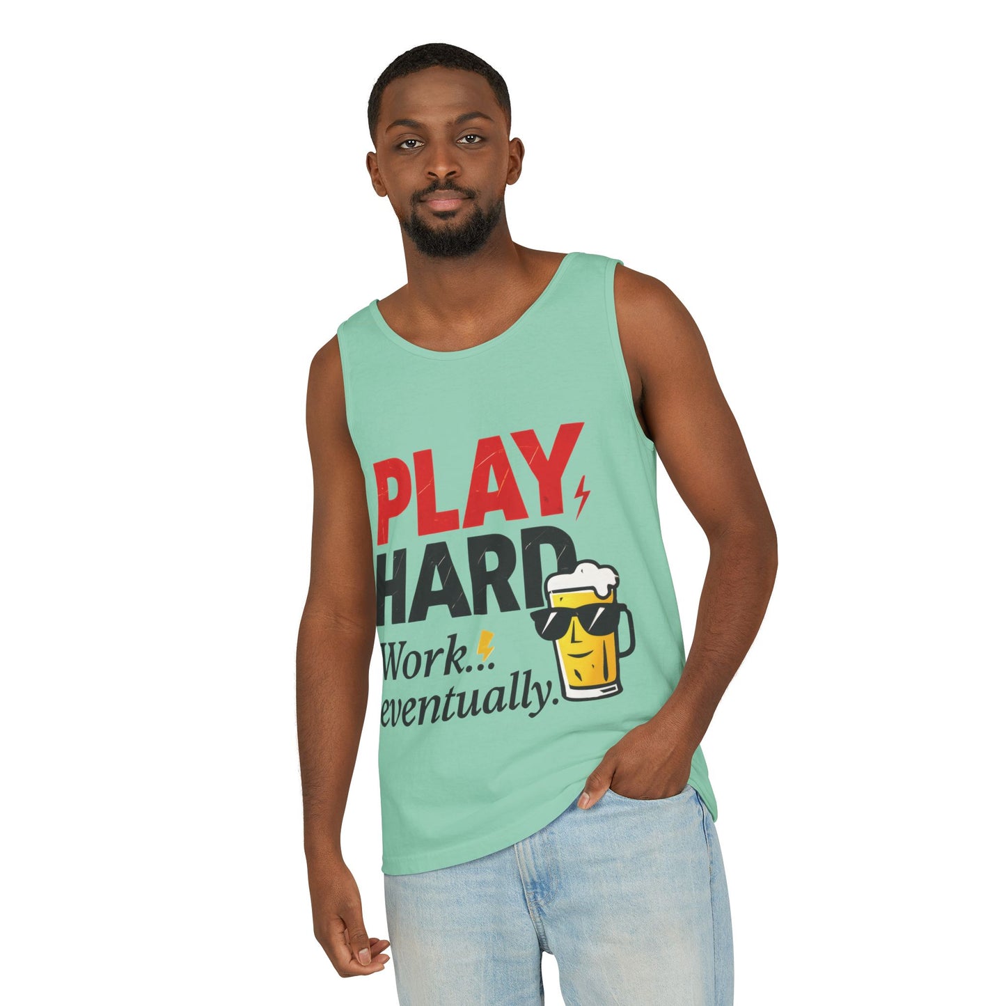 Casual Tank Top with Play Hard Print, Fun Summer Apparel, Gift for Dad or Friends, Beach Wear, Workout Top, Party Attire