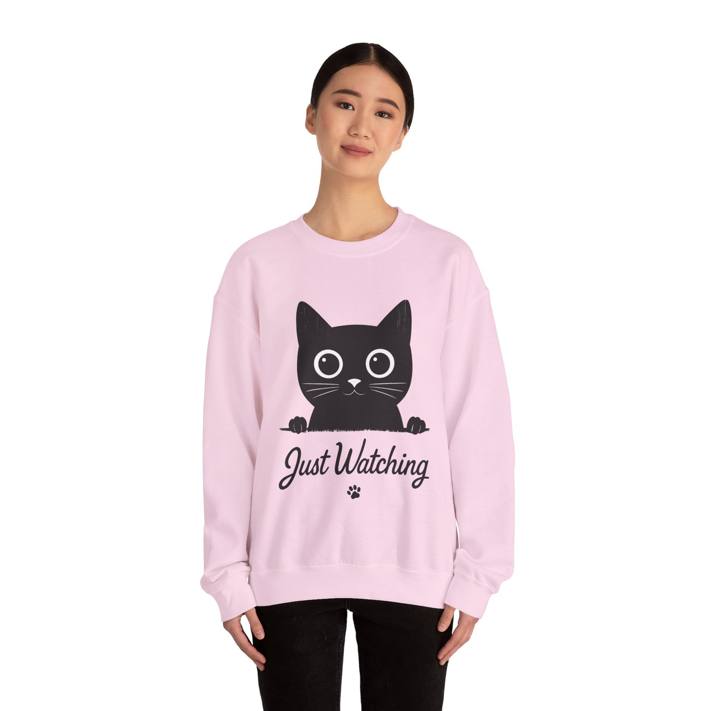 Funny Black Cat Womens Crewneck Sweatshirt - Just Watching Minimalist Kitty Pullover - Cozy Cat Lover Gift, Pet Owner Apparel