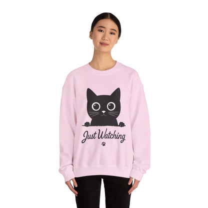 Funny Black Cat Womens Crewneck Sweatshirt - Just Watching Minimalist Kitty Pullover - Cozy Cat Lover Gift, Pet Owner Apparel