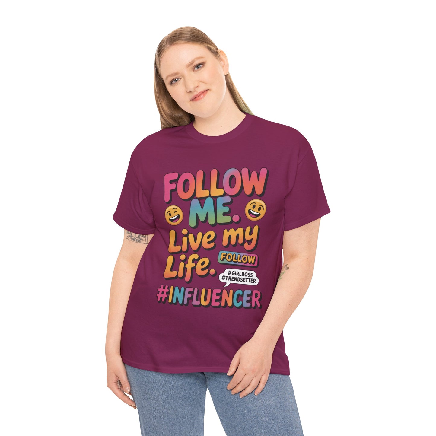 Womens Heavy Cotton Tee, Influencer Graphic Tee, Follow Me Live My Life Shirt, Colorful Trendy GirlBoss T-Shirt, Trendsetter Summer Wear
