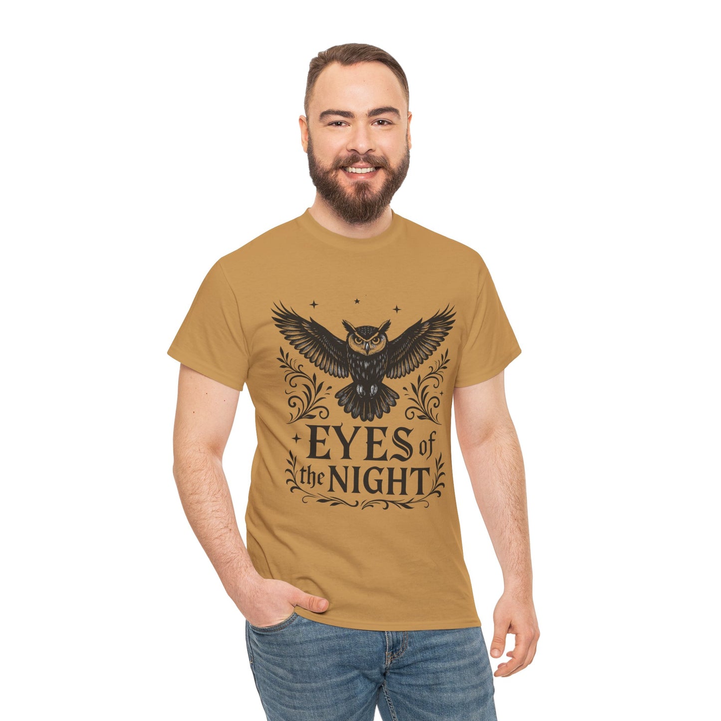 Cool Owl Graphic Unisex Heavy Cotton Tee, Flying Owl Art T-Shirt, Animal Print Tee, Gothic Bird Graphic Tee, Mens Gothic Style Shirt