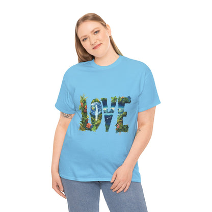 LOVE Nature Art Womens Heavy Cotton Tee, Earth Day Jungle Forest Graphic T-Shirt, Eco Friendly Gift Shirt, Nature-Inspired Love Tee