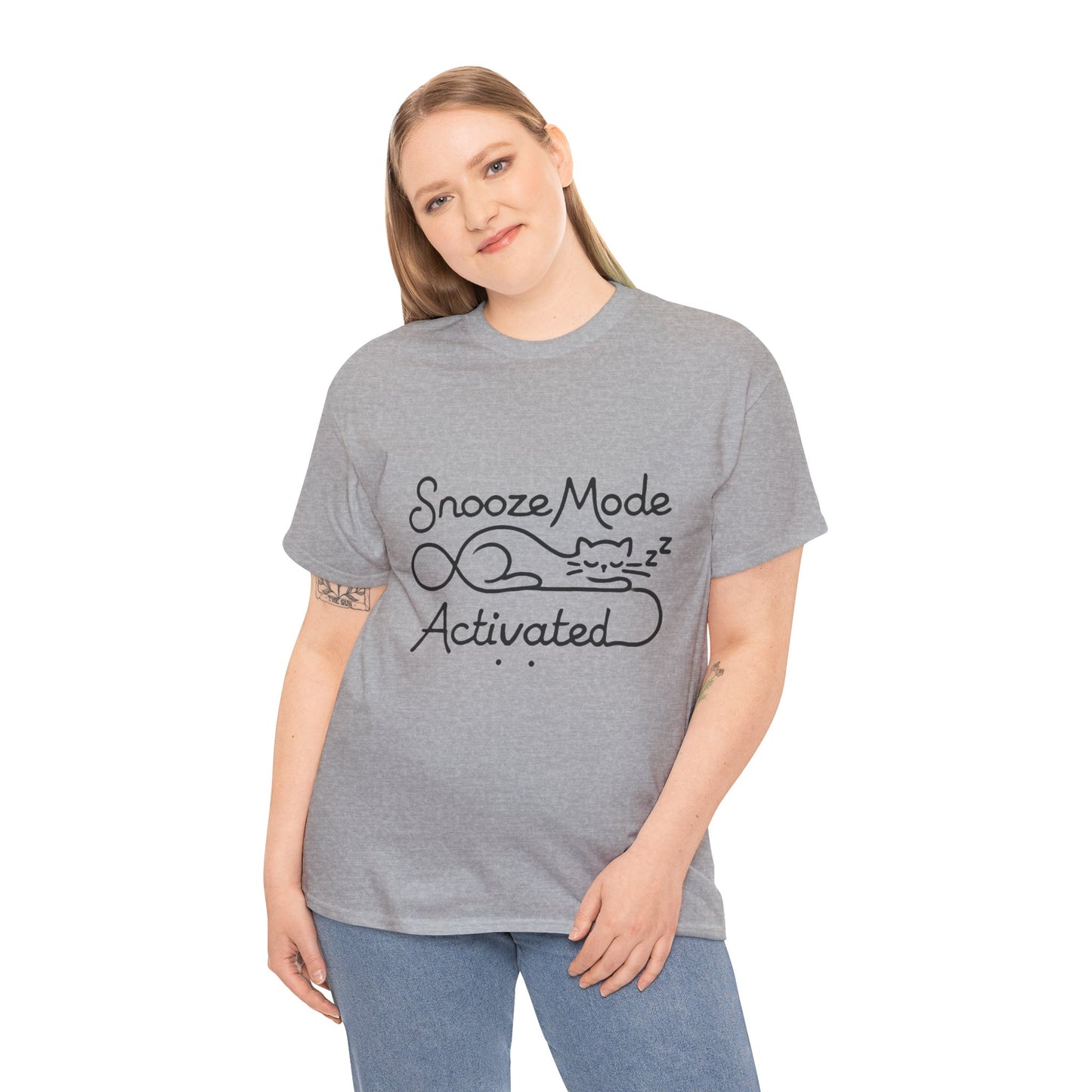 Cotton T-Shirt for Cat Lovers, Funny Sleeping Cat Tee,  Lazy Mood Graphic, Women's Heavy Cotton T-Shirt Gift for Cat Lovers