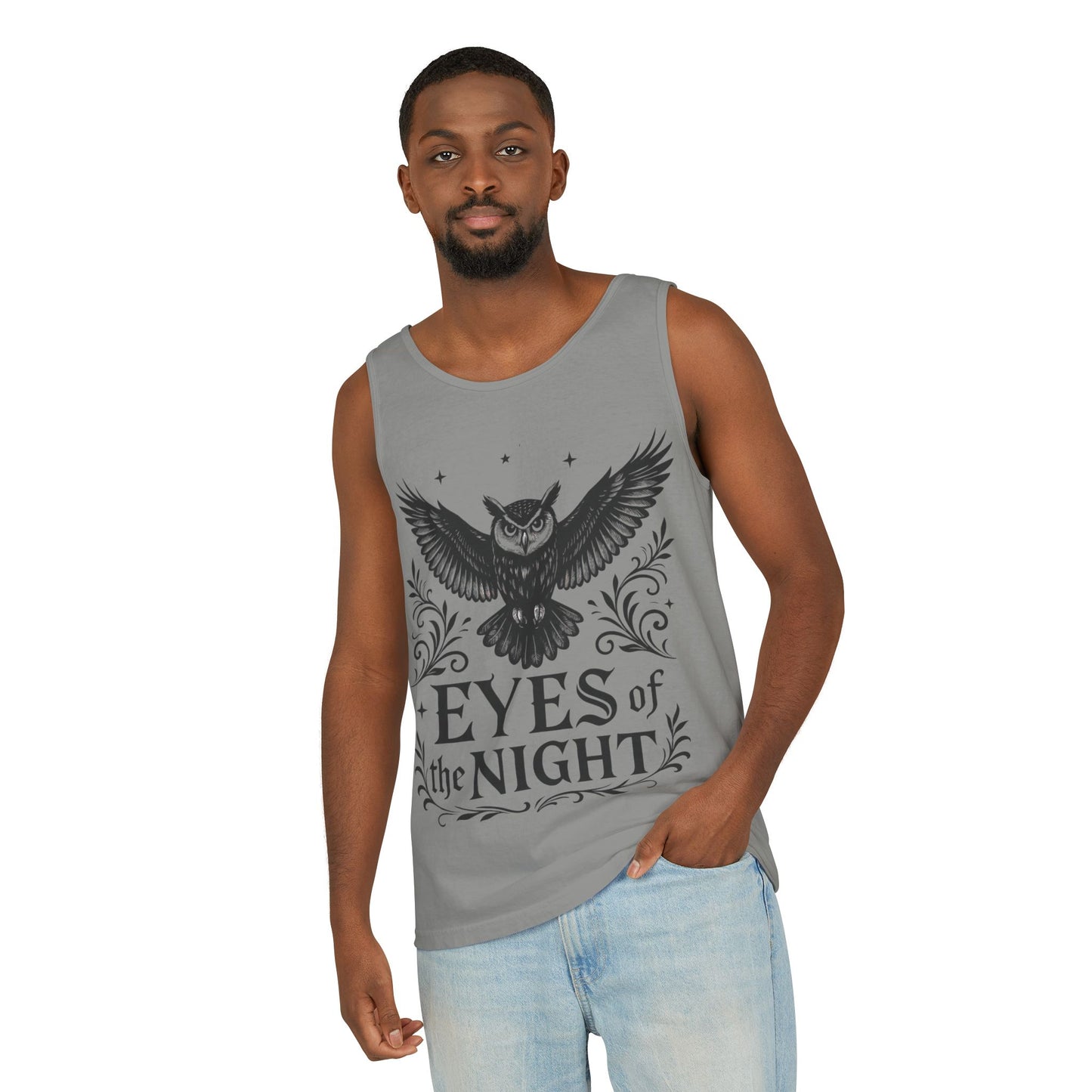 Eyes of the Night Owl Tank Top, Mens Summer Wear, Boho Aesthetic, Festival Outfit, Nature Lover Gift, Halloween Apparel