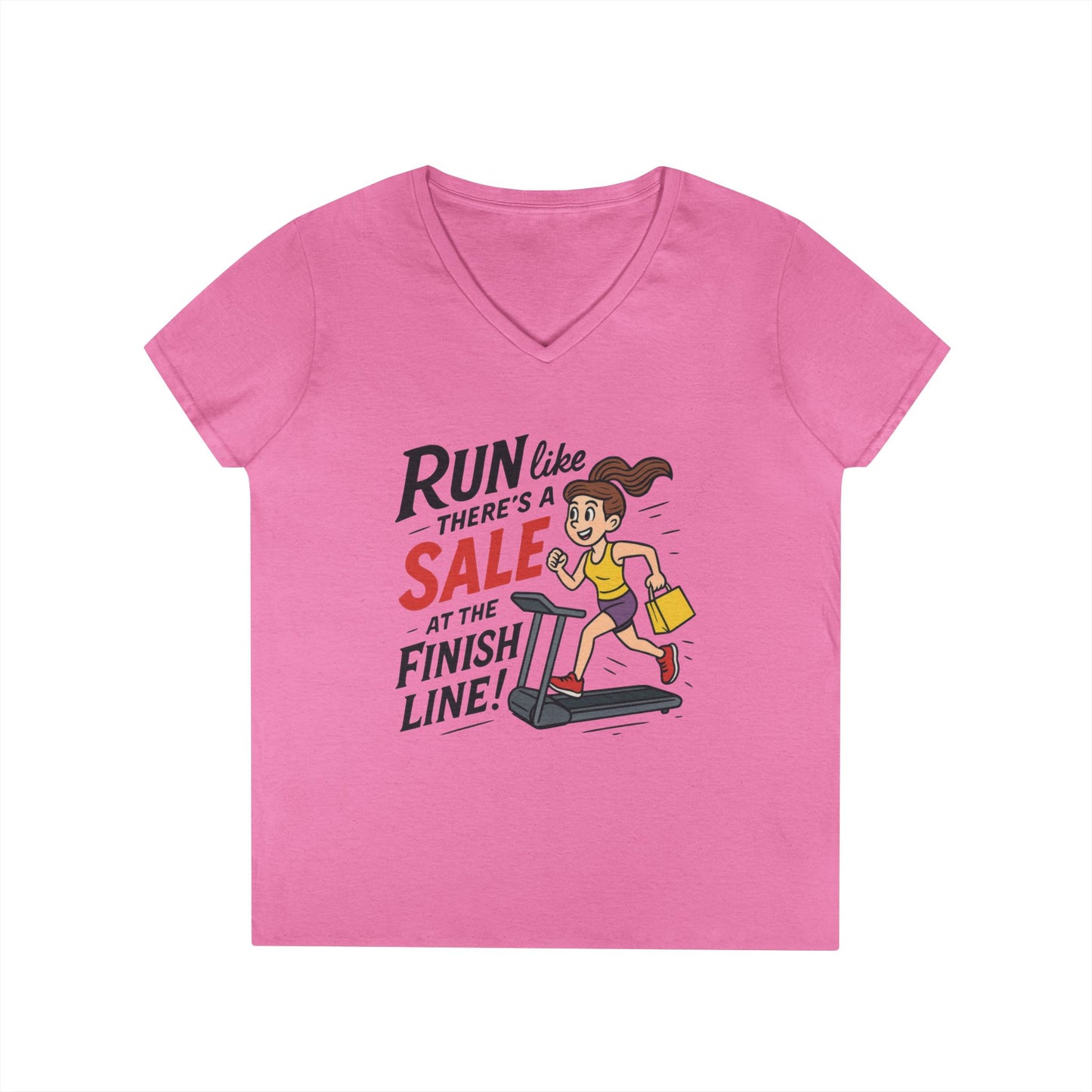 Ladies' V-Neck T-Shirt, Motivational Fitness Tee, Funny Gym Top, Funny Shopping Tee, Treadmill Runner Shirt for Her, For Sale Tee