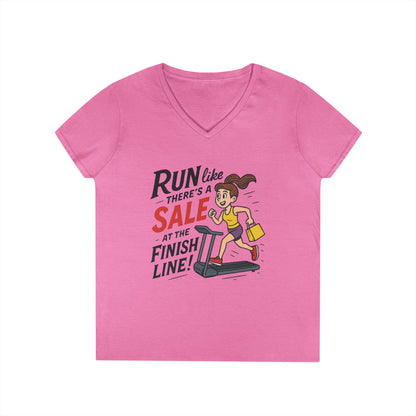 Ladies' V-Neck T-Shirt, Motivational Fitness Tee, Funny Gym Top, Funny Shopping Tee, Treadmill Runner Shirt for Her, For Sale Tee