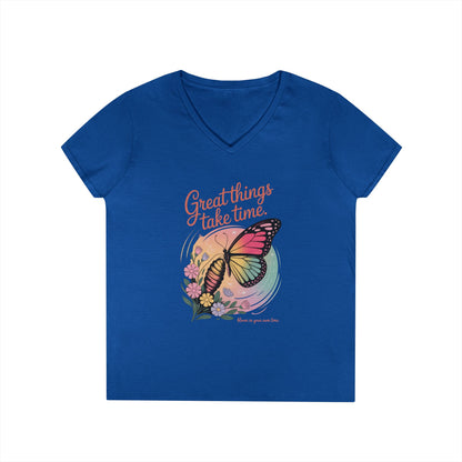Inspiring Ladies' V-Neck T-Shirt, Great Things Take Time Butterfly Design, Relaxation, Motivation, Nature, Motivational Women's Tee