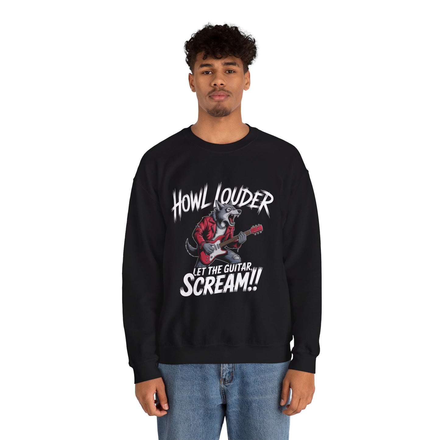 Howl Louder Wolf Sweatshirt, Let The Guitar Scream Pullover, Rock Guitar Animal Hoodie, Rocking Wolf Crewneck Sweatshirt, Music Lover Gift