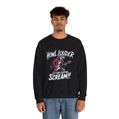Howl Louder Wolf Sweatshirt, Let The Guitar Scream Pullover, Rock Guitar Animal Hoodie, Rocking Wolf Crewneck Sweatshirt, Music Lover Gift