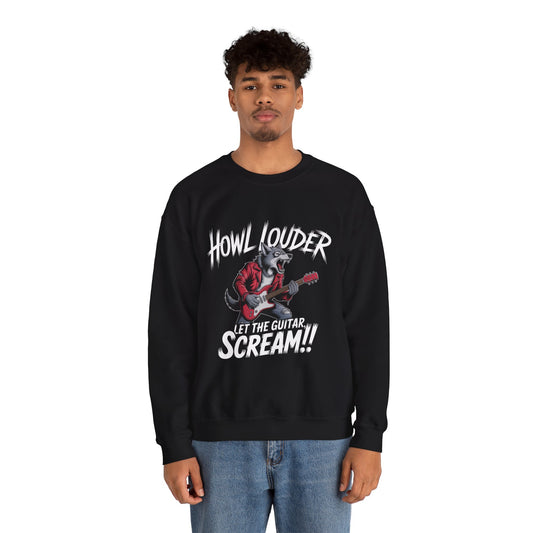 Howl Louder Wolf Sweatshirt, Let The Guitar Scream Pullover, Rock Guitar Animal Hoodie, Rocking Wolf Crewneck Sweatshirt, Music Lover Gift