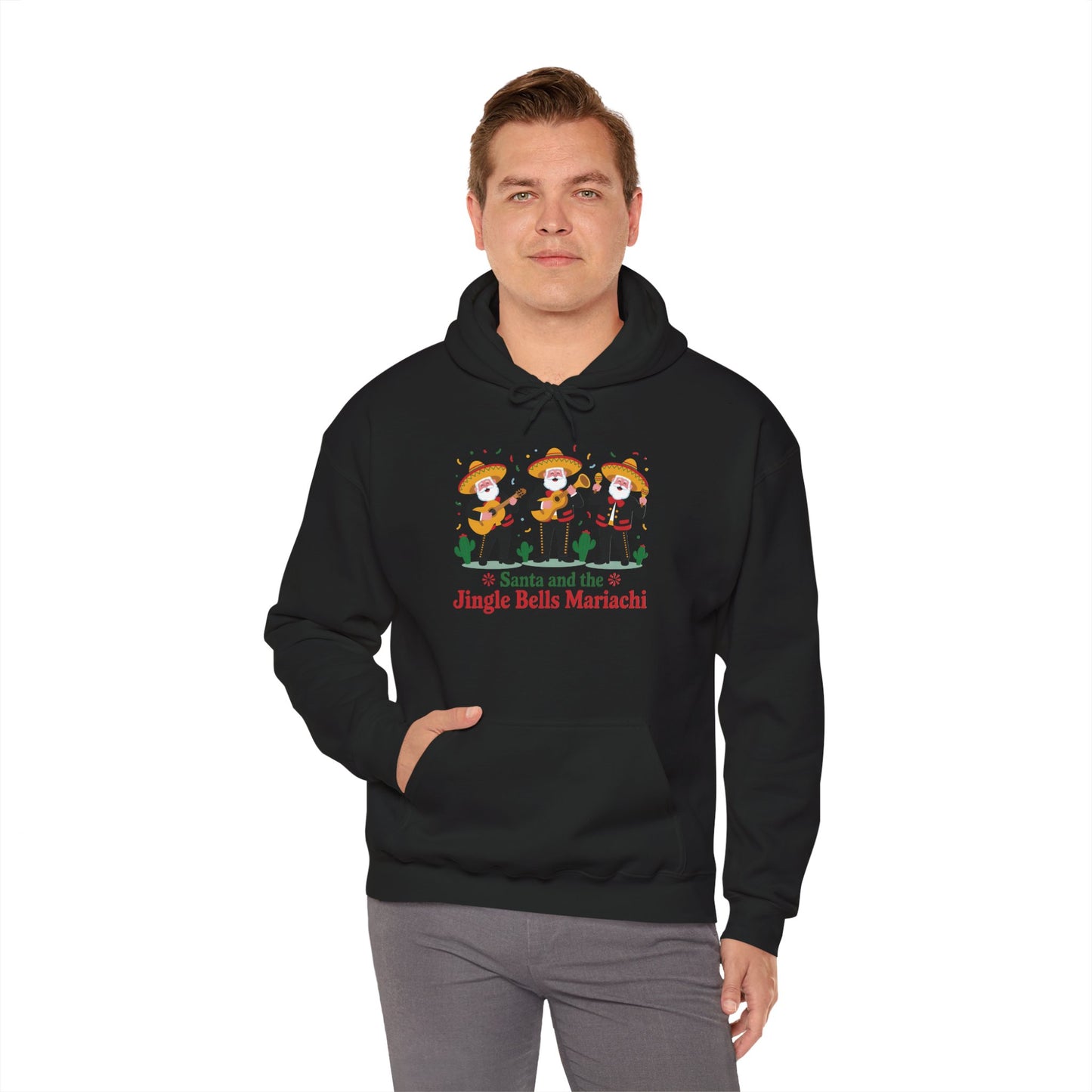 Santa and the Jingle Bells Mariachi Hoodie, Funny Mexican Santa Christmas Hoodie, Latin Fiesta Holiday Sweatshirt