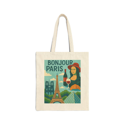 Bonjour Paris Tote Bag, Eco-Friendly Cotton Bag for Shopping, Travel, Gifts, Beach, and Everyday Use