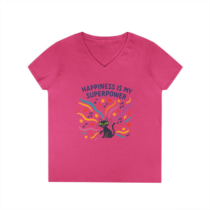 Happiness Is My Superpower V-Neck T-Shirt, Cat Lover Tee, Gift for Her, Cute Graphic Shirt, Music Enthusiast Apparel, Funny Cat Shirt