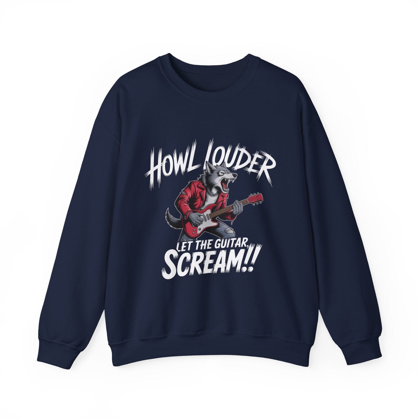 Howl Louder Wolf Sweatshirt, Let The Guitar Scream Pullover, Rock Guitar Animal Hoodie, Rocking Wolf Crewneck Sweatshirt, Music Lover Gift