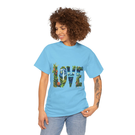LOVE Nature Art Womens Heavy Cotton Tee, Earth Day Jungle Forest Graphic T-Shirt, Eco Friendly Gift Shirt, Nature-Inspired Love Tee