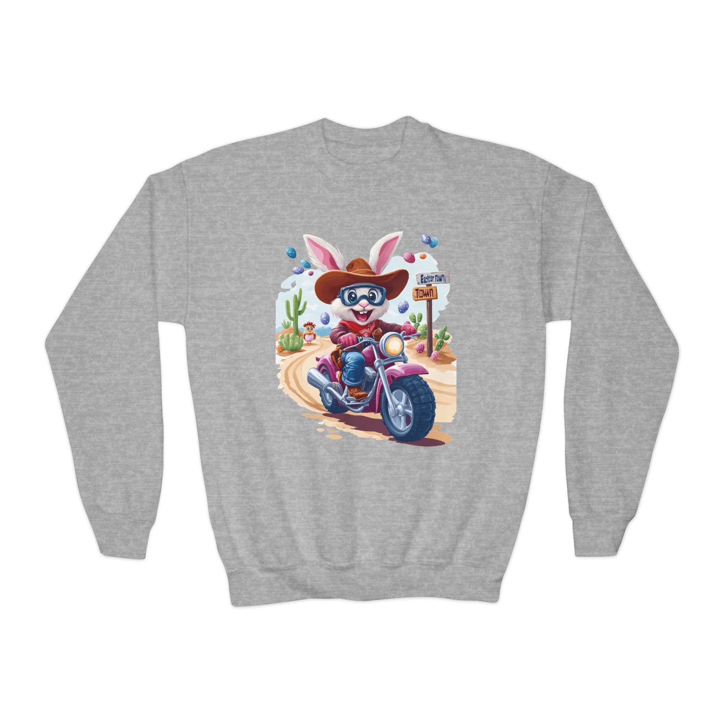 Biker Bunny Youth Sweatshirt - Fun Easter Bunny Riding Motorcycle, Cute Spring Gift for Kids, Playful Holiday Crewneck for Boys & Girls