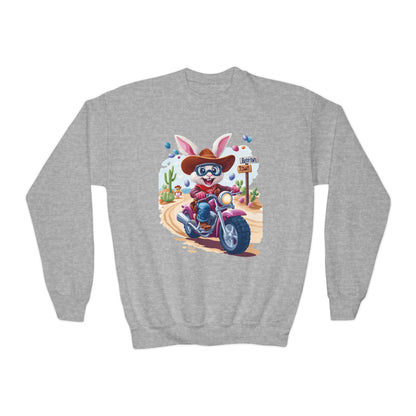 Biker Bunny Youth Sweatshirt - Fun Easter Bunny Riding Motorcycle, Cute Spring Gift for Kids, Playful Holiday Crewneck for Boys & Girls