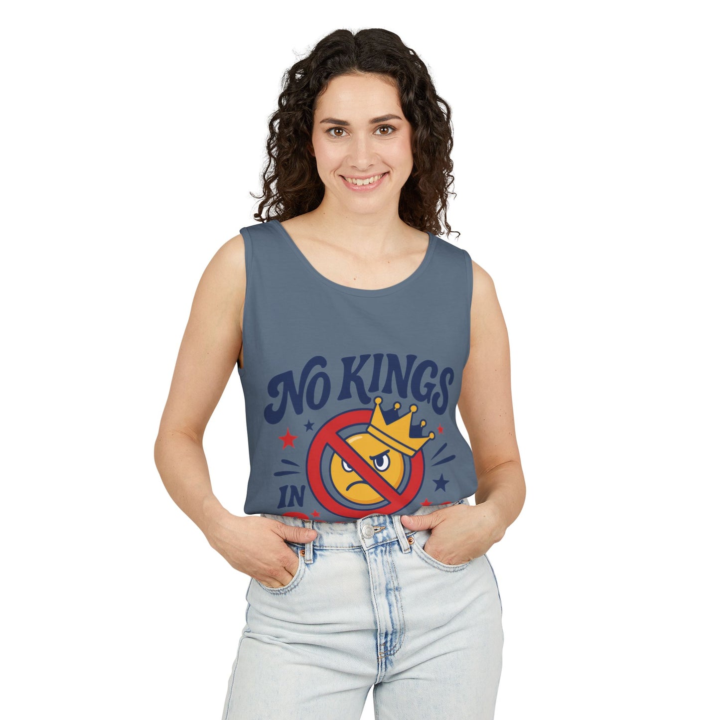 No Kings in America Tank Top - Funny Patriotic Anti Monarchy Sleeveless Shirt - USA Freedom Top, Unisex Summer Apparel, USA Independence Day