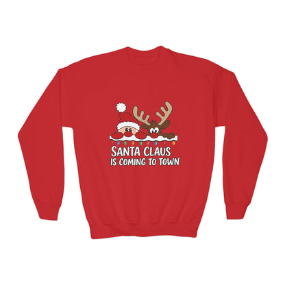 Santa Claus Is Coming to Town Kids Christmas Sweatshirt, Cute Santa - Reindeer Holiday Jumper