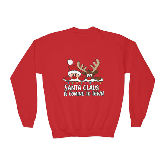 Santa Claus Is Coming to Town Kids Christmas Sweatshirt, Cute Santa - Reindeer Holiday Jumper
