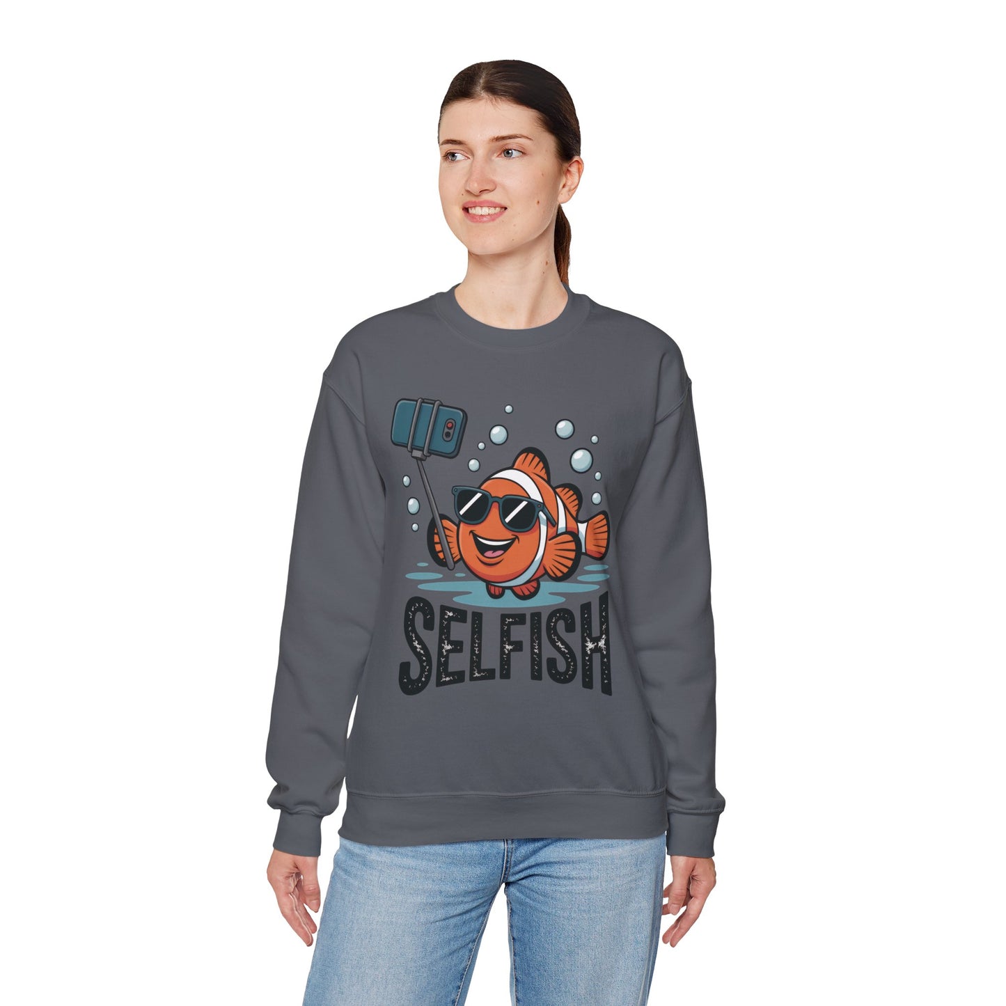 Unisex Heavy Blend™ Crewneck Sweatshirt, Mens Selfish Funny Fish Sweatshirt, Cute Selfie Pullover, Ocean Humor Top