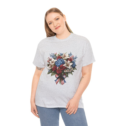 Patriotic Floral Bouquet T-Shirt, Red White Blue Flower Graphic Tee, USA Pride Shirt, Unisex Heavy Cotton Tee