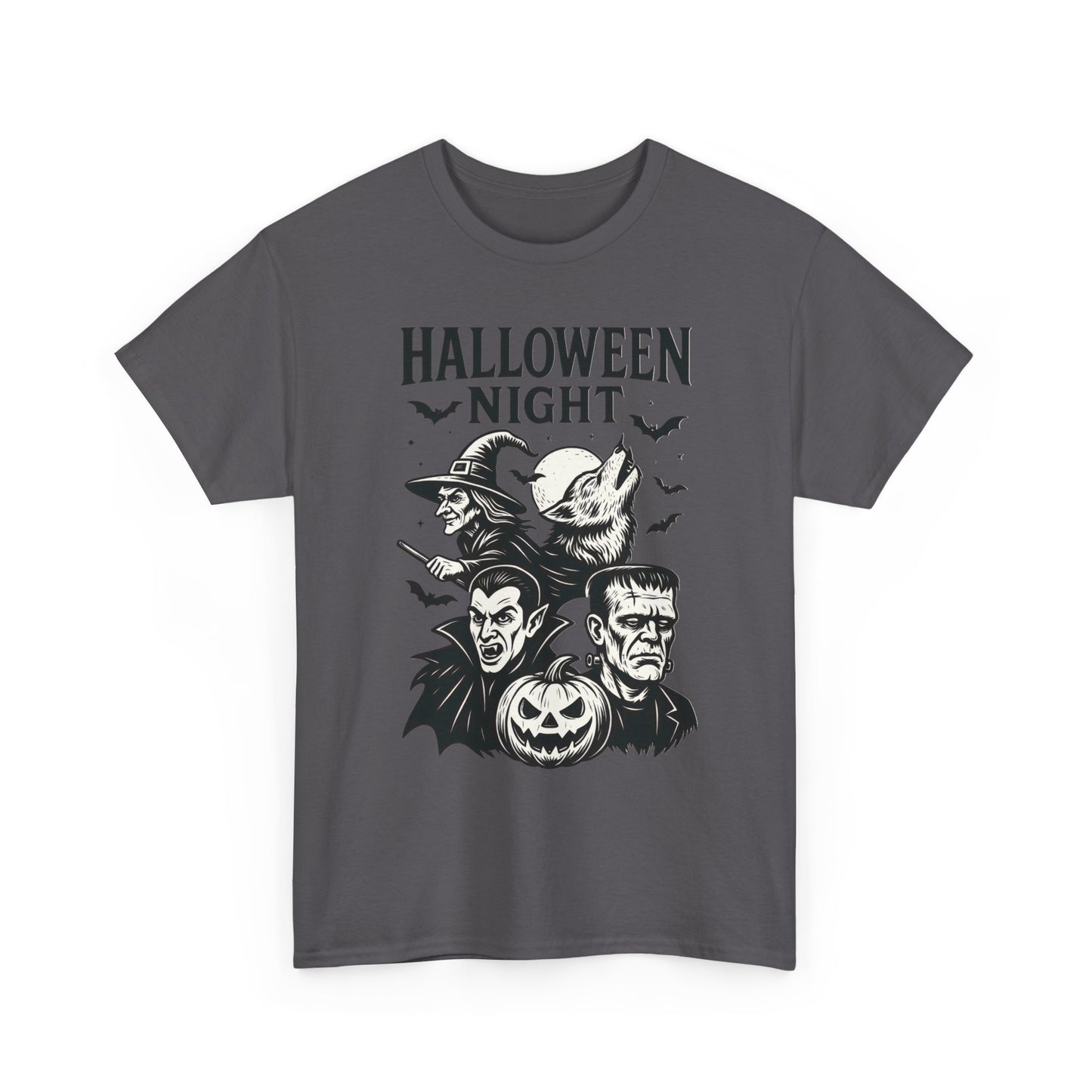 Halloween Night Men's T-Shirt, Classic Monsters Graphic Tee, Witch, Vampire, Frankenstein, Werewolf