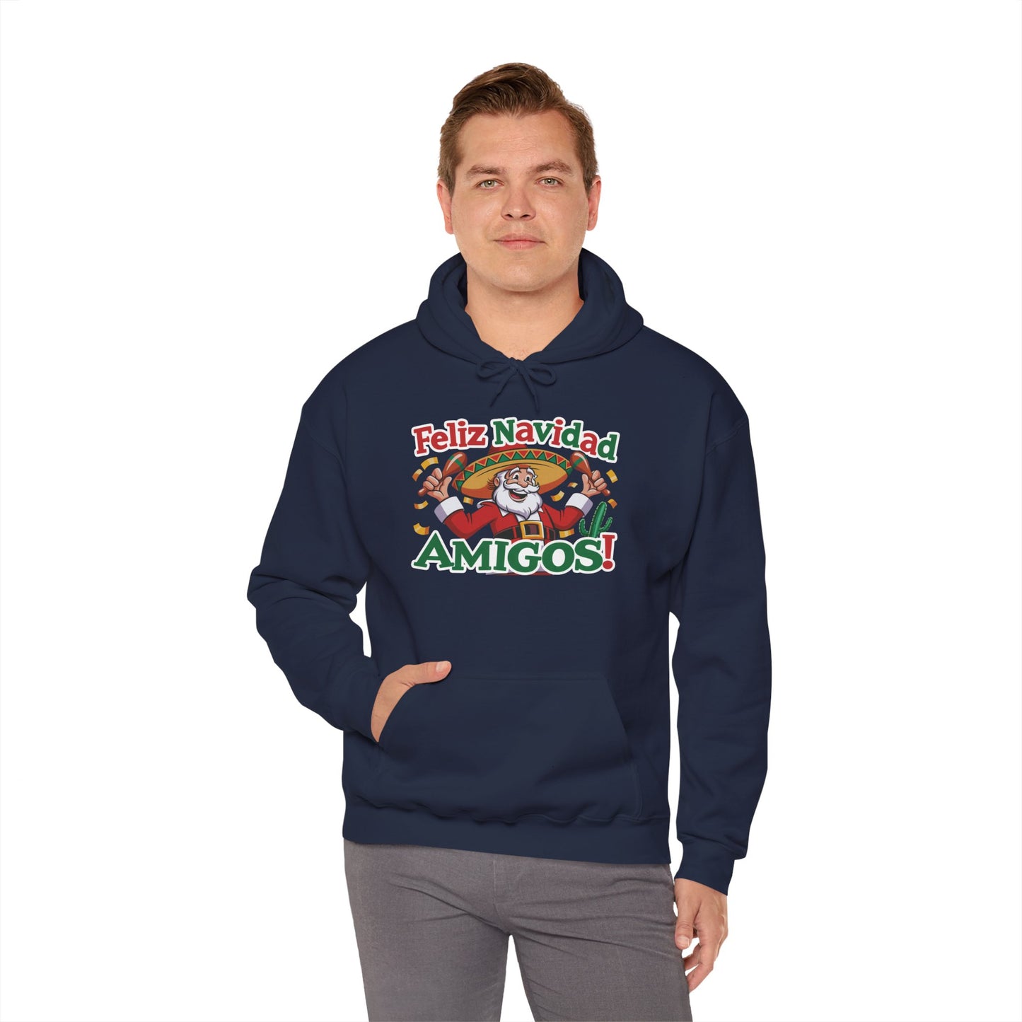 Feliz Navidad Amigos Hoodie, Funny Mexican Santa Christmas Hoodie, Latin Fiesta Holiday Sweatshirt for Men