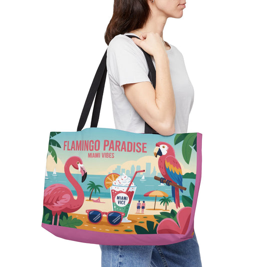 Vibrant Flamingo Paradise Weekender Tote Bag, Beach Bag, Travel Tote, Vacation Accessories, Summer Gift, Tropical Bag