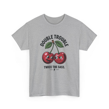 Double Trouble Cherry Graphic Tee, Funny Cute Womens T-Shirt, Twice the Sass Quote Shirt, Sassy Cherry Cartoon Gift