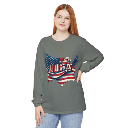 USA Flag Long Sleeve Tee, Unisex Garment-Dyed Shirt, Patriotic Top, All-American Apparel, Independence Day Style, Comfortable Casual Wear