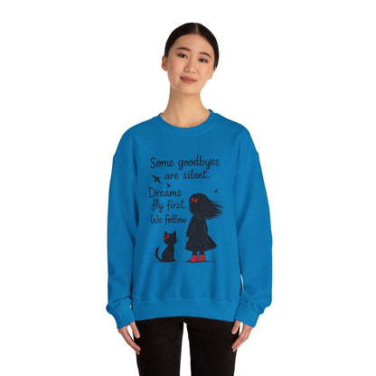 Cozy Farewell Girl & Cat Pullover, Hand Drawn Red Dress Art, Minimalist Womens Crewneck