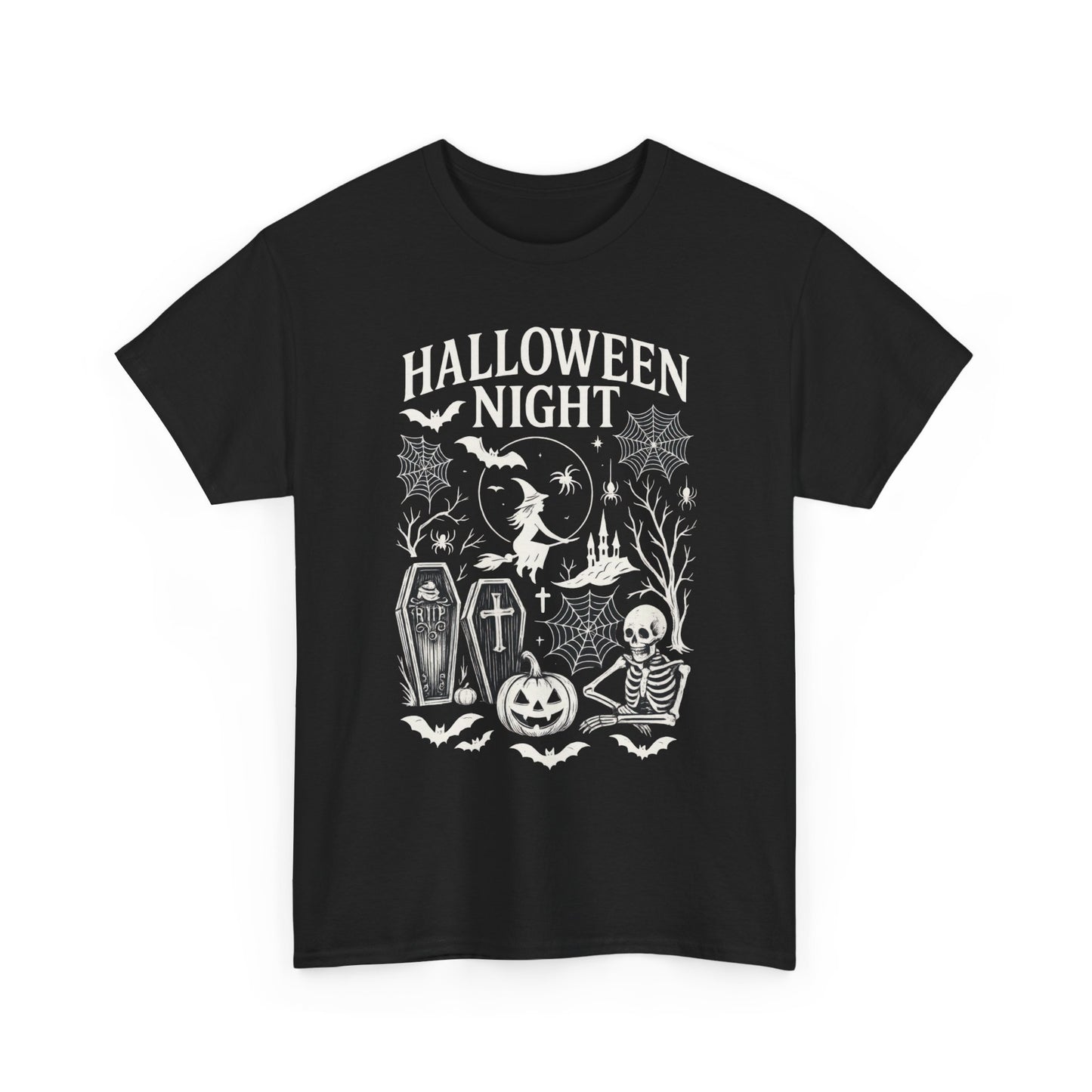 Halloween Night Women's T-Shirt, Gothic Witch Skeleton Pumpkin Tee, Spooky Scary Shirt for Halloween Party