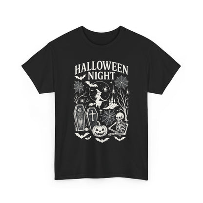 Halloween Night Women's T-Shirt, Gothic Witch Skeleton Pumpkin Tee, Spooky Scary Shirt for Halloween Party