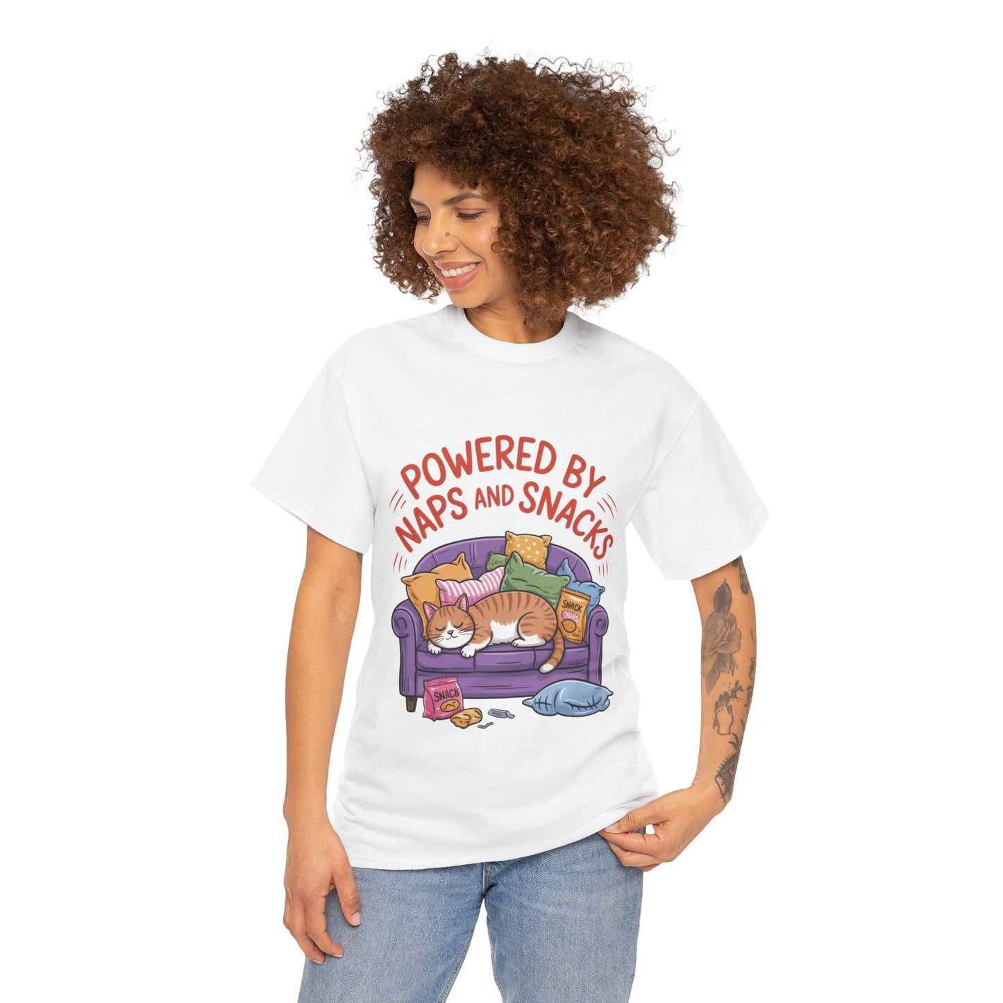 Powered by Naps and Snacks Cat T-Shirt, Funny Lazy Cat Lover Womens Tee, Cute Humor Shirt, Cozy Gift for Her, Cozy Cat Lover T-Shirt