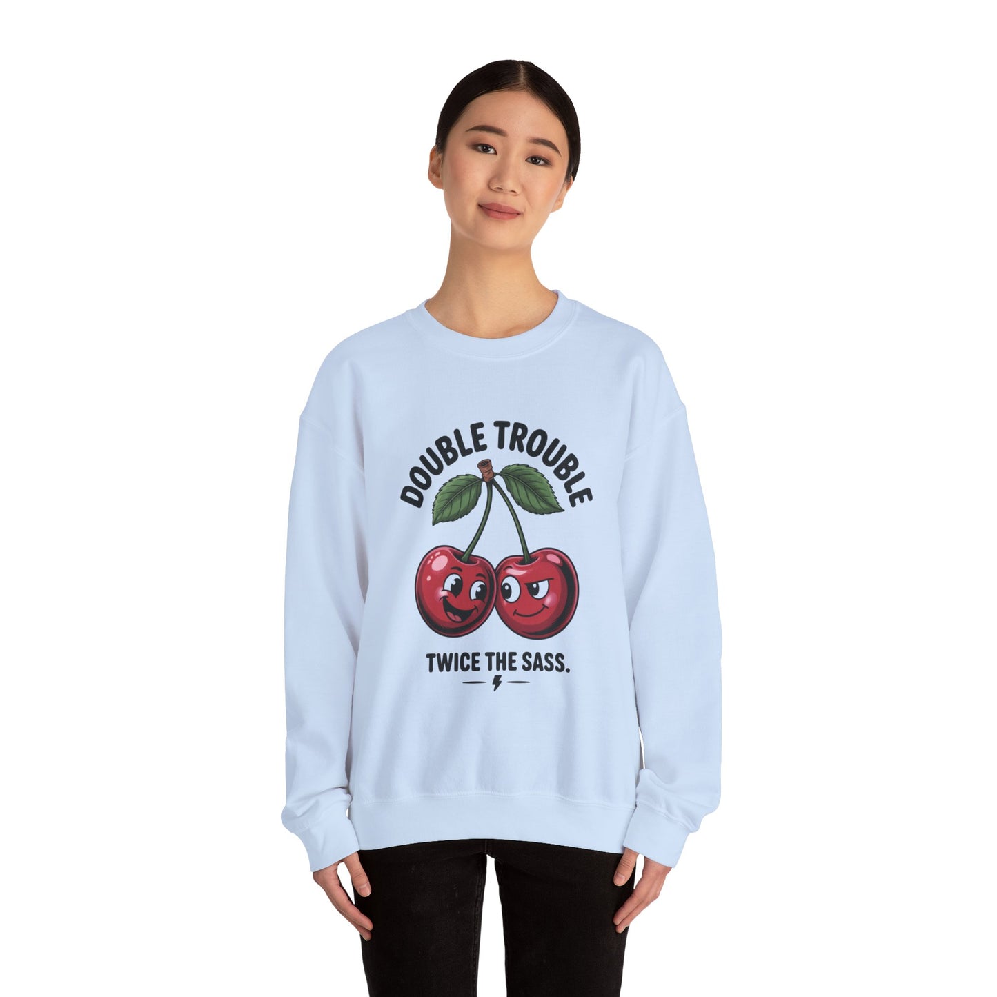 Double Trouble Cherry Sweatshirt, Cute Funny Womens Pullover, Twice The Sass Fruit Graphic Sweater, Playful Red Cherry Crewneck