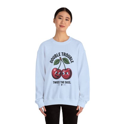 Double Trouble Cherry Sweatshirt, Cute Funny Womens Pullover, Twice The Sass Fruit Graphic Sweater, Playful Red Cherry Crewneck
