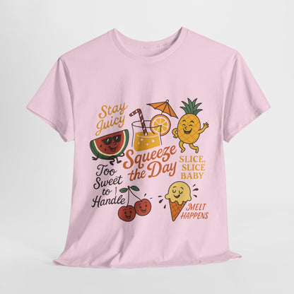 Cute Fruit Pun T-Shirt for Women, Summer Graphic Tee, Kawaii Watermelon Pineapple Ice Cream Design, Squeeze the Day Shirt, Stay Juicy Top