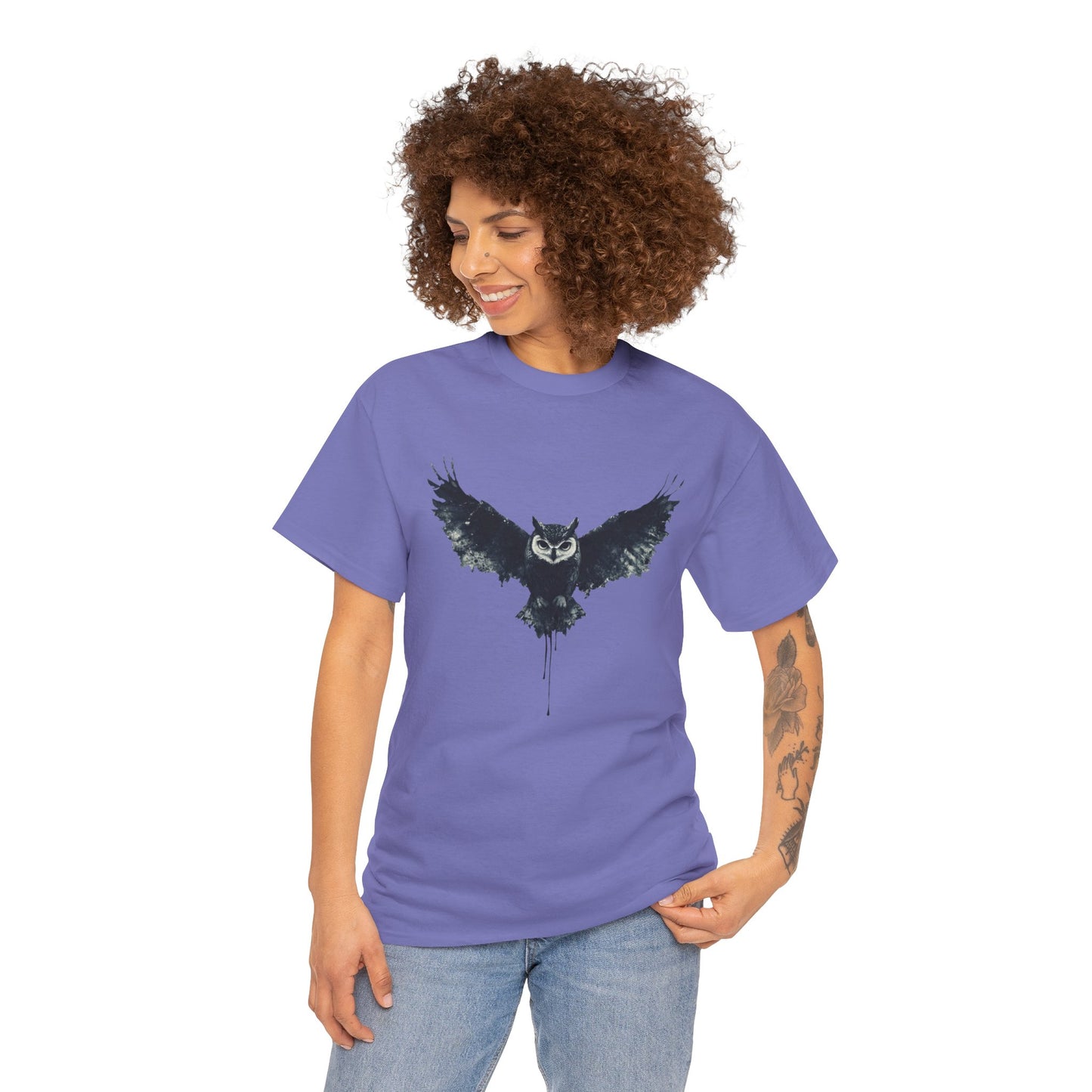 Cool Owl Graphic Unisex Heavy Cotton Tee, Flying Owl Ink Art T-Shirt, Nature Lover Gift, Animal Print Tee, Gothic Bird Graphic Tee