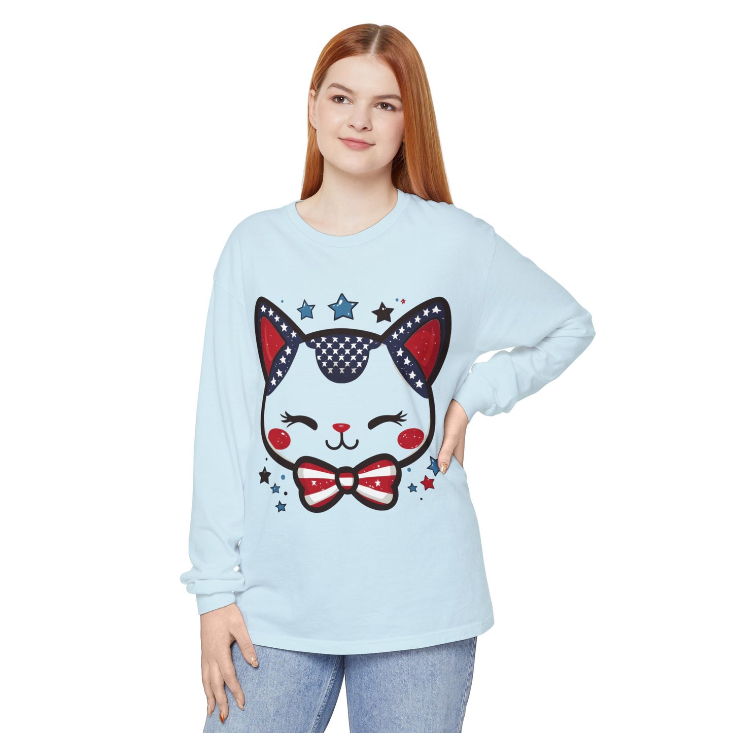 Cute Patriotic Cat Long Sleeve Women's T-Shirt, Fourth of July, Cat Lovers Gift, Casual Wear, Perfect for Holidays and Celebrations